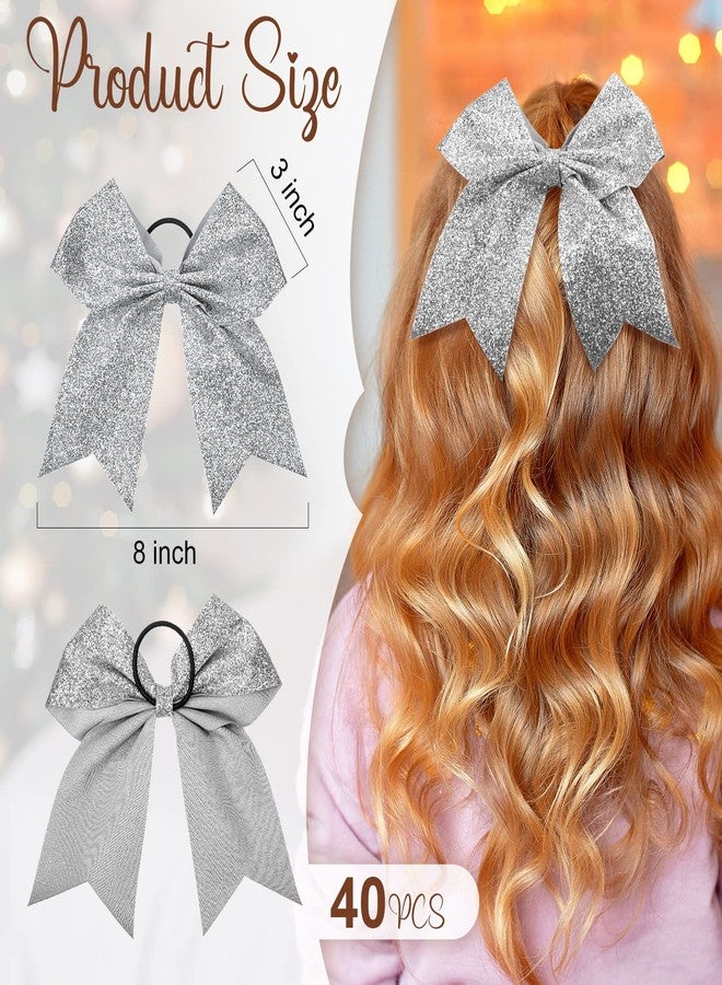 Yunsailing 40 Pcs 8 Inch Large Glitter Cheer Hair Bows Bulk, Shiny Cheerleading Bows Ponytail Holder for Cheerleader Girls Softball Sports and Christmas Tree Decor(Silver) - Image 2